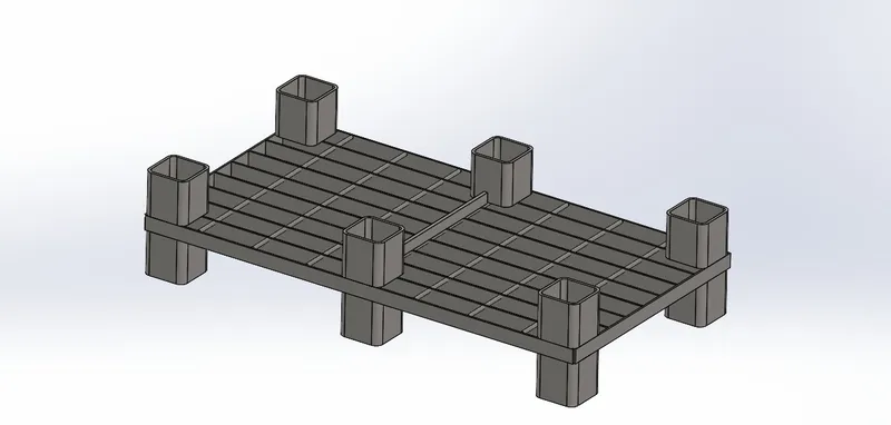 CAD model of a custom palletized fixture base with locating posts